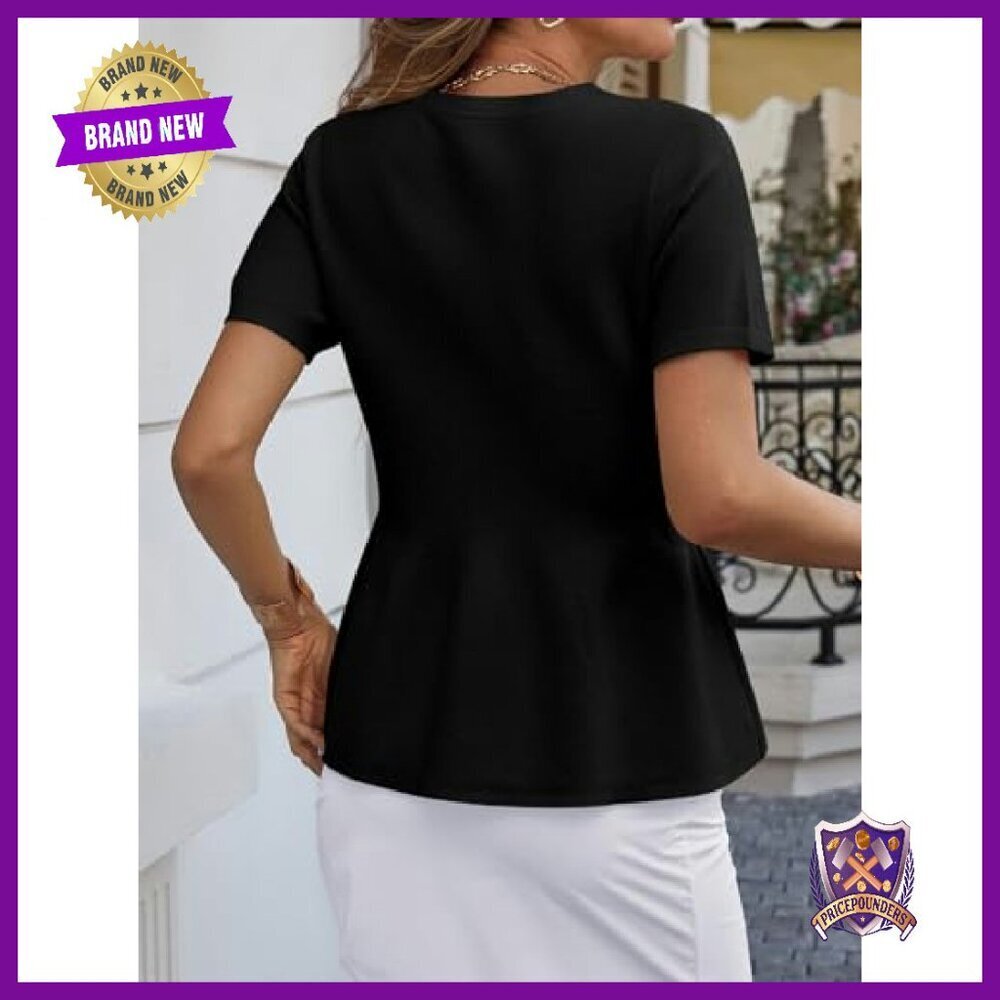 Short Sleeve Cardigan Ruffle Button Crew Neck Peplum Babydoll Sweater Top - Picture 6 of 7